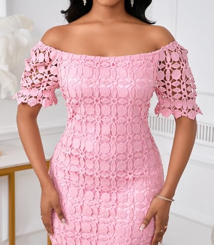 Image of Cololura Elegant Sexy Floral Lace Short Sleeve Off Shoulder Evening Gown Party Formal Bodycon Midi Dress
