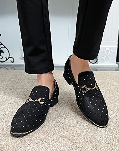 Lcql Men's Velvet Penny Loafers Slip On Party Leather Shoes Embroidered Tuxedo Dress Shoes Pointed Toe Smoking Slipper Size 10 Black #TOP1