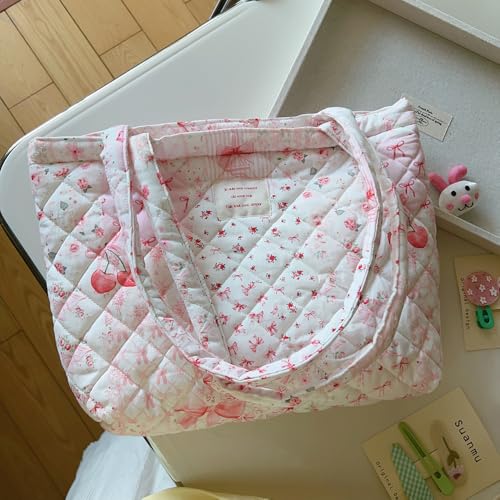 Image of Floral Quilted Cotton Shoulder Bag for Women Daily Use Medium Size Handbag Large Capacity Thickened Design Tote