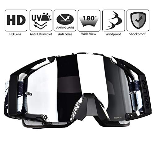 BOLLFO Motorcycle Goggles Motocross ATY Dirt Bike Goggles Anti-UV Safety Protective Anti Fog Tactical Goggles for Cycling Riding Climbing Skiing (Black+White Frame Silver Lenses)