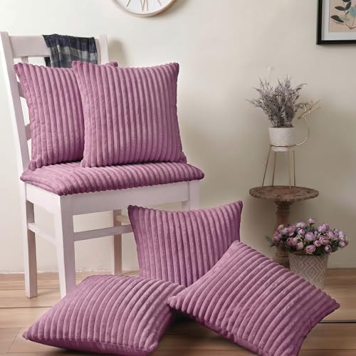 Image of Yellow Weaves Pencil-Stripe Fur Cushion Covers | Soft Polyester | Decorative Sofa & Throw Pillow Covers | 16x16 Inches, Pack of 5 (Purple)