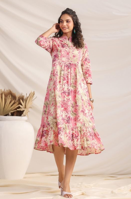 Image of Janasya Women's Cotton Pink Abstract Print Casual Wear Summer Dress for Women