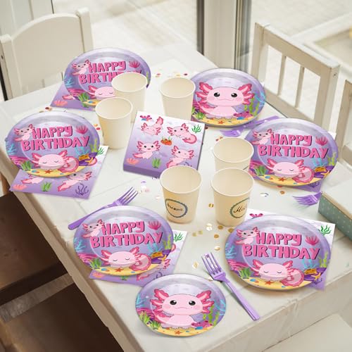 Image of 100 Pcs Axolotl Birthday Party Supplies Pink Axolotl Disposable Paper Plates Forks Tableware Sets Cute Cartoon Reptile Animals Happy Birthday Decorations for Kids Girls Baby Shower Serve 25 Guests