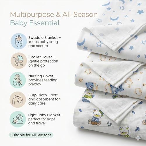 Image of Mee Mee 100% Cotton Muslin Swaddle Wrap for Newborn Baby(100x100 cm)(PK-3)| Soft, Breathable, Lightweight, Quick-Dry, Skin Friendly,Multi-Use Baby Blanket,Nursing Cover,Stroller Cover (Teddy & Stars)