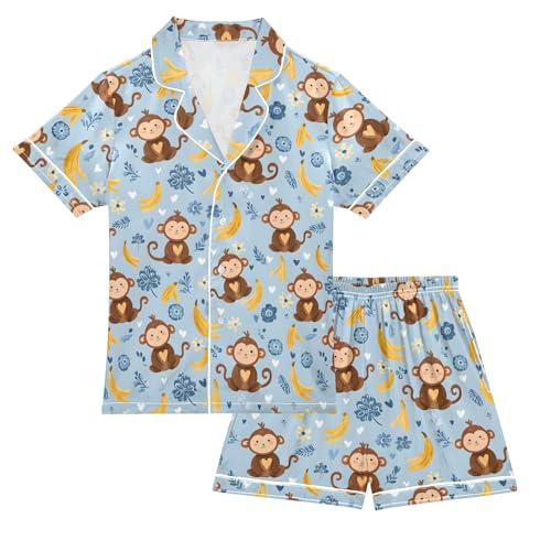 Lovely Monkey Banana Blue Prints Summer Satin Pajama Set, Cute Button-Down Sleepwear Pj Set for Sleep Wears