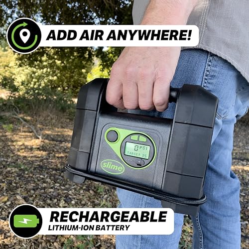 Image of Slime 40080 Cordless Tire Inflator, Rugged Portable Air Compressor Pump with Auto Shut Off, Lithium Ion Battery and LED Light, Rechargeable