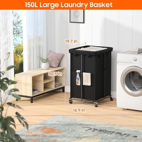 Image of 150L Laundry Hamper with Wheels, Rolling Laundry Basket with Metal Frame and Removable Bag, Large & Tall Dirty Clothes Hampers for Bedroom Aesthetic, Laundry Room, Bathroom, Dorm-Black