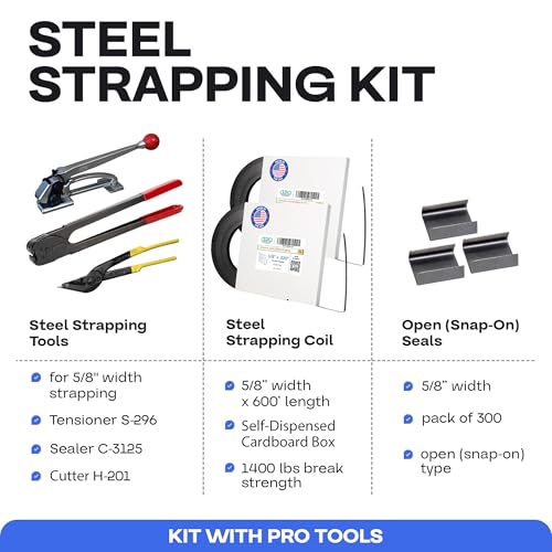 Image of IDL Packaging PRO 5 /8 inch x 600' Steel Strapping Kit, 1400 lbs Break Strength - Professional Grade Tools & Mini Strapping Coils - Enough Strapping and Seals for 300 Uses Before Refill