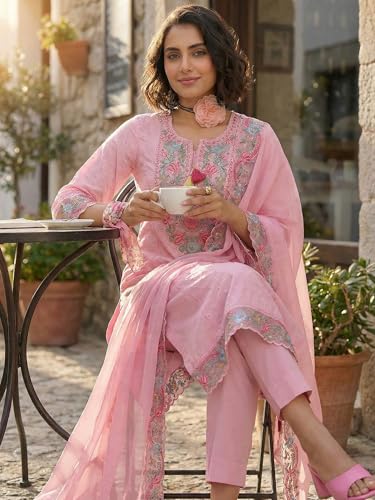 Image of INDO ERA Women's Pure Cotton Floral Embroidered Straight Calf Length Kurta with Pant & Dupatta Set (IERAI10721)