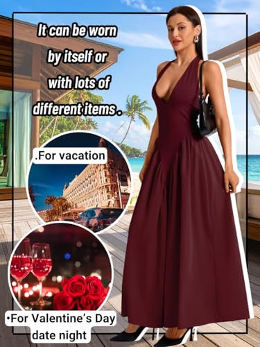 Image of ChiaoLezhee Deep V Neck Dress, Halter Maxi Dresses, Vacation Date Night, Sexy for Women Corset Flowy Wedding Guest Drop Waist