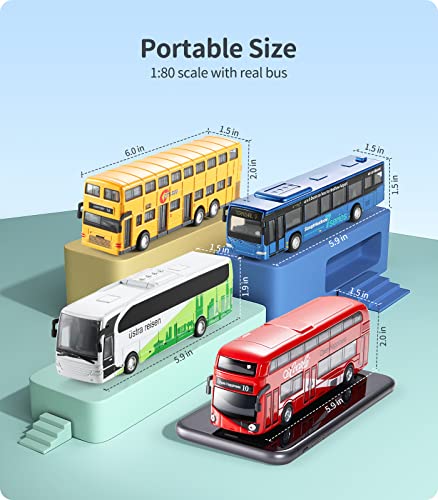 Geyiie Bus Toys Cars Set, Kids Die-Cast Metal Cars For Boy Girls 3-8 Years Old Pull Back Car City Bus 1:80 Scale Double Decker London Vehicles, Friction Powered Cars Play Toys Gift, 4 Pack #TOP3