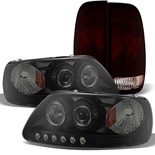 AKKON - For 1997-03 Ford F150 2004 Heritage Black Smoked LED Projector Headlights+Dark Red Tail Lights Lamp