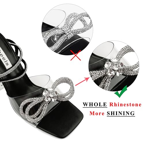 Image of Zzheels Double Bowknots Crystal Clear Shoes Strappy Sandals | Clear Slingback Heels, Rhinesotne Bow Sandals, Square Toe, Elegant Heels