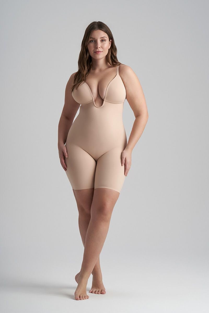 Bye Bra Body escultor en V profundo, bordes cortados con láser, correas de silicona, copas sin varillas, faja moldeadora para mujer, cintura media, colección escultora, beige/negro, S-XXL