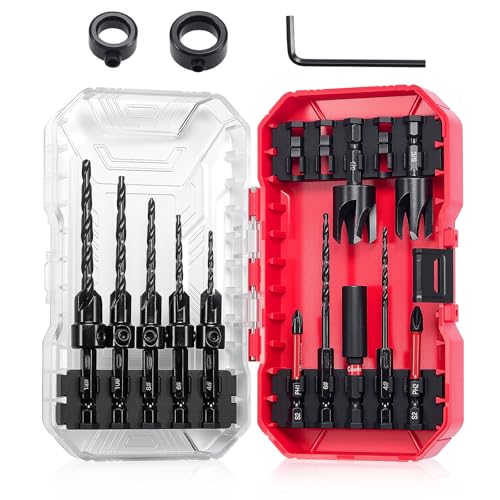 ColumPRO 15PCS Countersink Drill Bit Set, Woodworking Tapered Drill Bits, Plug Cutter, 1/4