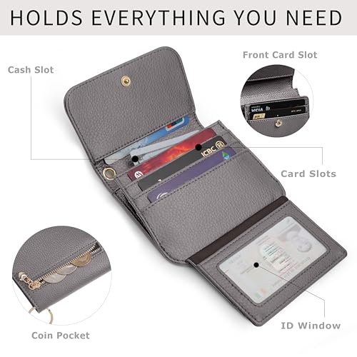 Image of Women Small Wallet RFID Blocking Slim Wallet with Coin Pocket Tri-Fold Credit Card Holder with ID Window and Keychain (Grey)