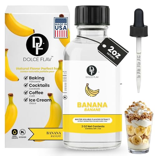 Image of Dolce Flav Natural Banana Extract - 2 oz Water-Soluble Pure Banana Flavoring Drops for Baking, Smoothies & Desserts | Sugar Free, Allergen Free, Kosher | Made in USA