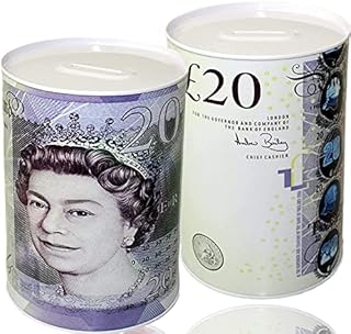 Vintage Money savings Tin Box | CashBox | LockBox | MoneyBox Notes Design safes Tinplate Multi Color For Kid & Adults Can Printed Bank Note £20 Large Jumbo (Large, £20)