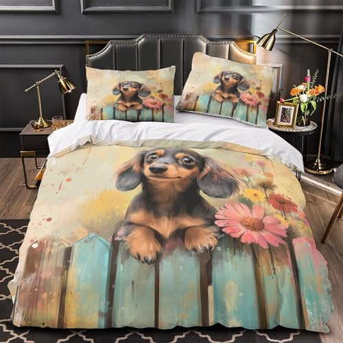 Housse de couette teckel anti-allergie, parure de lit microfibre douce fermeture éclair