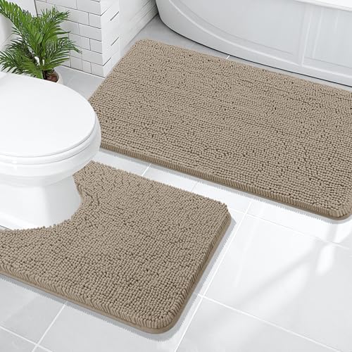 Image of OLANLY Bathroom Rugs Sets 2 Piece, Soft Absorbent Chenille Bath Mats and U-Shaped Contour Toilet Mat Area Rug Set, Machine Washable Bath Carpet, Home Decor Accessories(47 inchx20 inch+24 inchx20 inch, Warm Taupe)