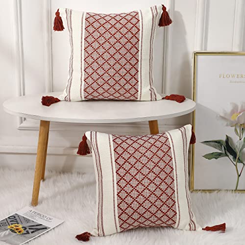 Panod Set Of 2 Boho Cotton Knitted Decorative Throw Pillow Covers With Tassel Rust And White,Modern Accent Classical Farmhouse Jacquard Jacquard Pillow Cover Cushion Case For Sofa Couch,20X20 #TOP1