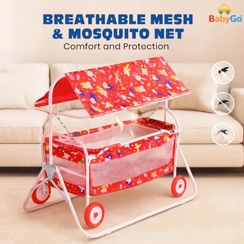 Image of BabyGo Baby Cradle with Swing & Mosquito Net | 0-9 Months | Foldable 2-in-1 Rocking Cradle Cot with 4 Wheels & Brake | Soft Sleeping Bed | Metal Frame | Red (Medium)