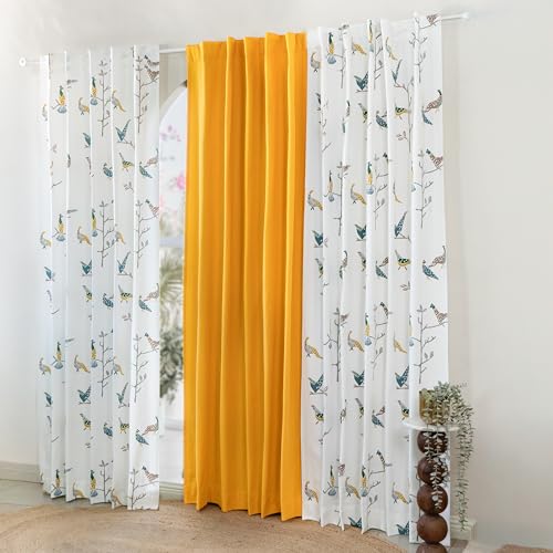 Image of Tranquebar Curtain Co. Window Curtains 5 Feet, 60-65% Room Darkening, Multicolor (Blue, Yellow) Bird Print, Cotton Curtains for Window, BackTab Loops, Design Shiri Yellow Combo (152 cm) - Set of 3