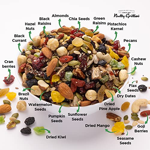 Image of Nutty Gritties Antioxidant Trail Mix 200g | 21 Superfoods in 1 Mix | Including Almonds, Hazelnuts, Brazil Nuts, Berries,Chia Seeds, Pumpkin Seeds & Mixed Dry Fruits | Healthy Snack