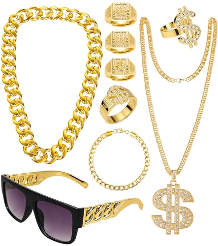 BIAOKS 80/90s Hip Hop Retro Accessory Set-Rapper Sunglasses Chunky Gold Chain Dollar Pendant Chinese Character Blessing Rings Perfect for Multi-Scene Party Outfits