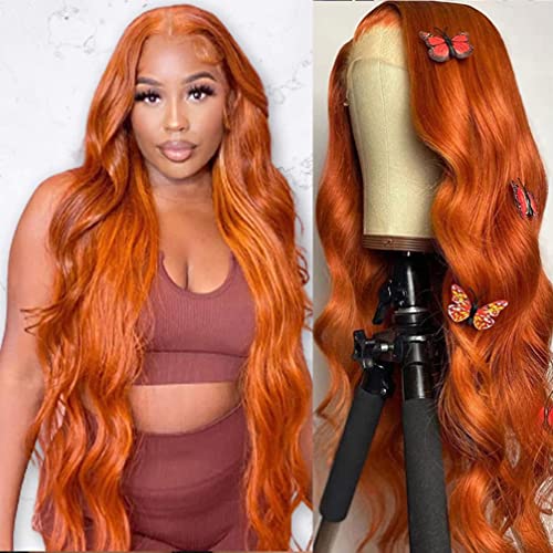Image of 13X4 Orange Ginger Lace Front Wigs Human Hair Pre Plucked Body Wave Wig Brazilian Colored Human Hair Wigs for Black Women 180% Density HD Lace Frontal Wigs Human Hair (34 Inch)
