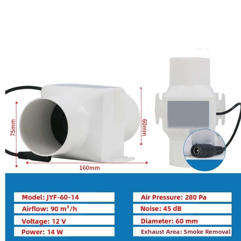 Ventilateur d'échappement en ligne 12 V 6 W/ventilateur extracteur puissant pour circulation de l'air intérieur pour atelier sous-sol tente (blanc 60 mm)