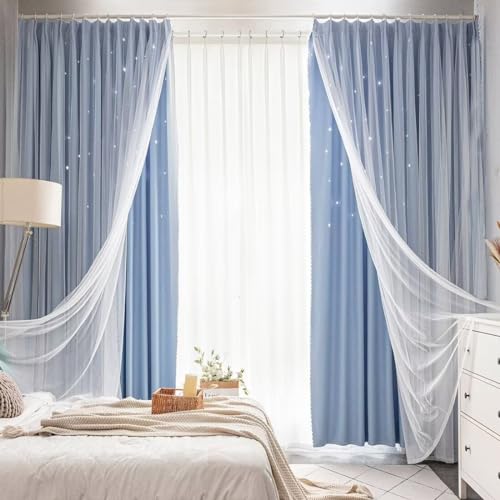 OSONA 姫系カーテン 4枚セット 星柄 遮光カーテン 丈170cm 一体型 おしゃれ 小窓カーテン 透かし彫り 二重カーテン 間仕切り 断熱防寒 かわいい 姫カーテン 可愛い 省エネ 遮熱 UVカット 目隠し 掃き出し窓 腰窓 出窓用 リビング用 子供