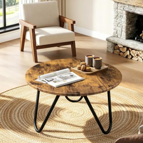 Image of Round Coffee Table Wooden Coffee Tables for Living Room Mid-Century Modern Center Table Wood Grain Desktop and Metal Legs Easy to Assemble Dark Brown