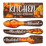 4 Pcs Fall Pumpkin Kitchen Wall Decor Eat Sign with Fork and Spoon Grateful Thankful Blessed Kitchen Decor Thanksgiving Day Kitchen Sign Maple Leaf Pumpkin Wooden Hanging Wall Art for Dining Room Home