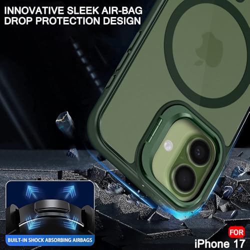 Image of TheGiftKart Hybrid Matte Frosted Back Cover Case for iPhone 17 Compatible with MagSafe | Built-in Stand | Shockproof Hard Back Cover Case for iPhone 17 (PC & TPU, Translucent Green)