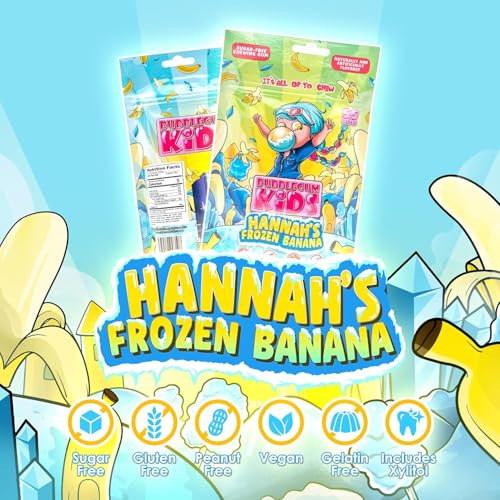 Image of Bubblegum Kids Hannah's Frozen Banana Sugar Free Gum | Sugarless Gum with Xylitol | Vegan, Peanut Free, Low Calorie Candy Alternative for Kids & Adults | Resealable Bag, 55 Pieces Per Pack, 1 Pack