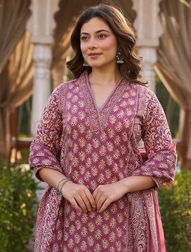 Image of Arayna Women's Cotton Printed Kurta Set with Pants & Dupatta | Elegant Ethnic Wear for Women | Floral Print | Comfortable Suit Set