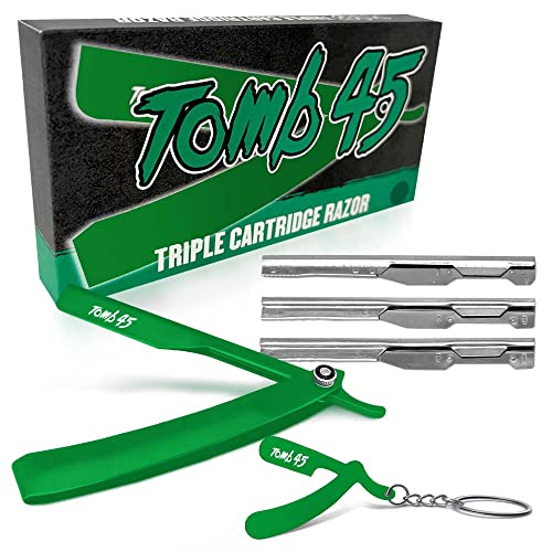 Tomb 45 Triple Cartridge Razor Holder | Disposable Razor Safety Handle For Barbers | 100% Metal Grip & 3 Adjustable Blade Exposure Options For Shaving (Green)
