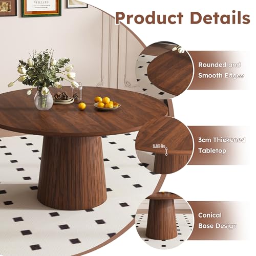 Image of Modern Round Dining Table, 47 inch Walnut Round Kitchen Table with Wood Grain Tabletop & Fluted Strip Base, Space Saving Circle Dining Table Seats 4-6, Ideal for Dining Room, Living Room, Small Space