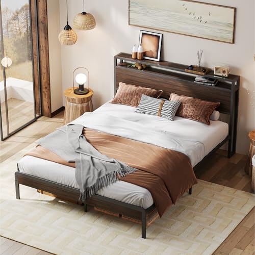 Image of LIKIMIO Queen Bed Frame with Headboard, Dark Wood Camas Queen with Strong Supports, Sturdy, Noise-Free, No Box Spring Needed, Dark Brown