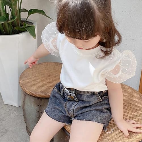 Image of OPAWO Toddler Girl Shirts, Puff Dot Sleeve Baby Tee Shirt, Ribbed Short Sleeve T-Shirt, Solid Color Girls Tshirt Tops, 12M-7Y