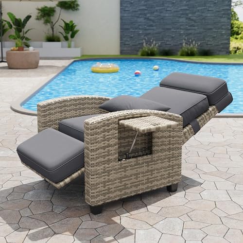 Klysiora Recliner Chair with Adjustable Wicker 150 Lay-Flat Backrest & Footrest Flip-Up Side Table Removable Thick Cushion Comfortable Chair for Patio Indoor and Outdoor Grey