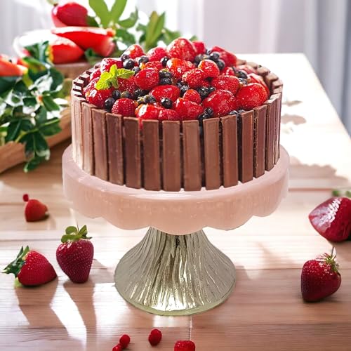 Image of Elegant Pink Resin Cake Stand with Metallic Pedestal - Perfect for Dessert Displays at Any Event, Adding a Touch of Sophistication and Charm to Your Table Setting