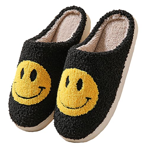 SMajong Zapatillas Sonrientes Mujer Hombre Zapatillas de Estar por casa Invierno Cómodas Pantuflas Retro Smliey Calientes Peluche Zapatilla, A Negro 39/40 EU Cover