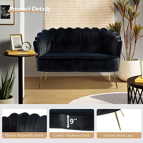 Image of HULALA HOME Modern Velvet Loveseat Sofa with Flower Shaped Back, Comfy Upholstered 2-Seater Sofa with Gold Metal Legs, Small Love Seat Accent Couch for Living Bedroom Leisure Areas, Black