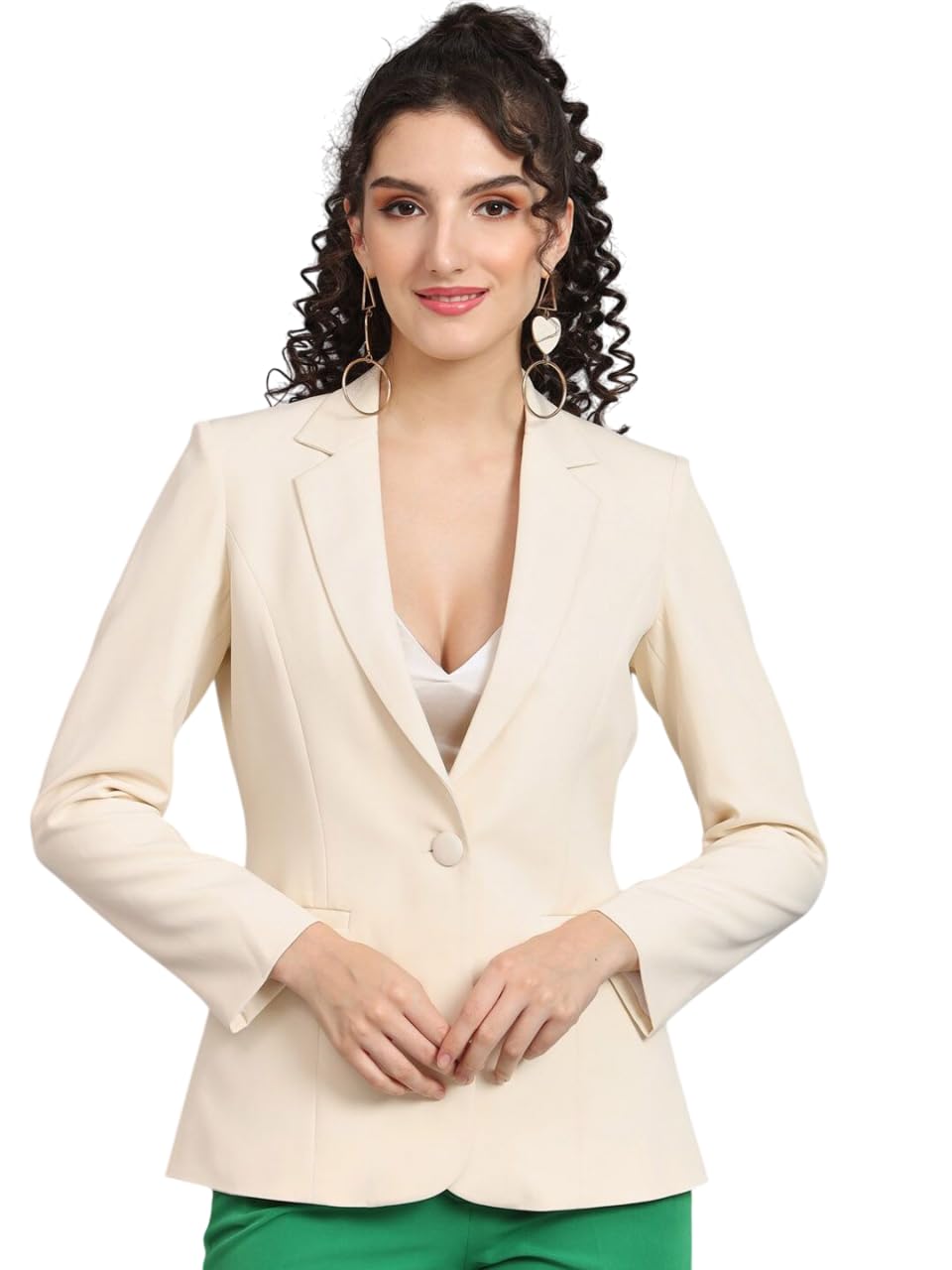 powersutra Women’s Off White Solid Formal Blazer Notch Collar Comfort Fit Long Sleeves Single-Breasted Double Button Closure Stretchable Polyester Office Wear with Flap Pockets-picture-55