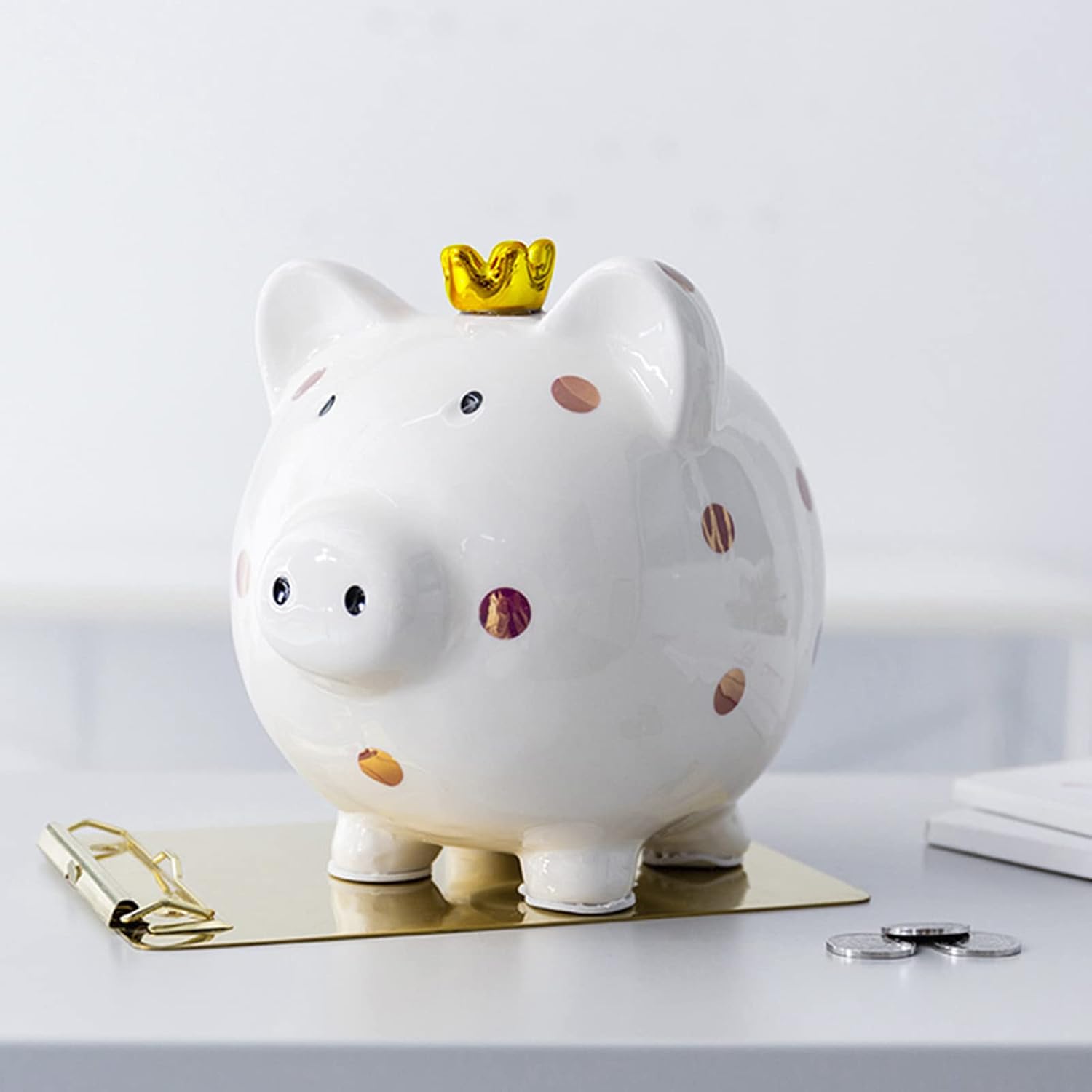 Cartoon Ceramic Piggy Bank Crown Pig Coin Bank Coin Box Money Bank Coin Saving Box for Adults for Boys Girls for Kids (White)