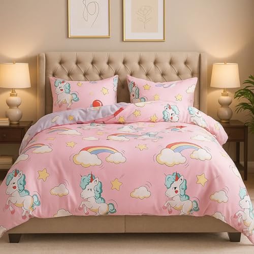 Image of Famyo Kids King Size 5-Piece Bedding Set, Unicorn & Rainbow | 250 TC Fitted Bedsheet, Comforter, Comforter Cover & 2 Pillow Covers, 72 x 78 in, Pink Kids Bedding