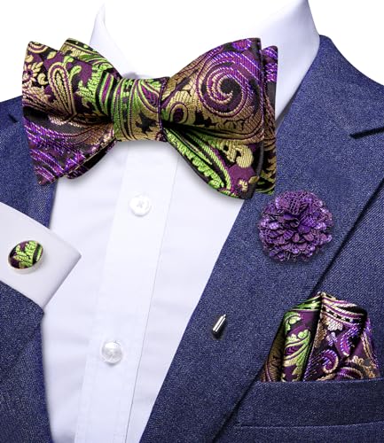 Image of Dubulle Self Tie Bow Ties and Lapel Pin for Men Paisley Solid Mens Bowtie and Handkerchief Cufflinks Set Wedding
