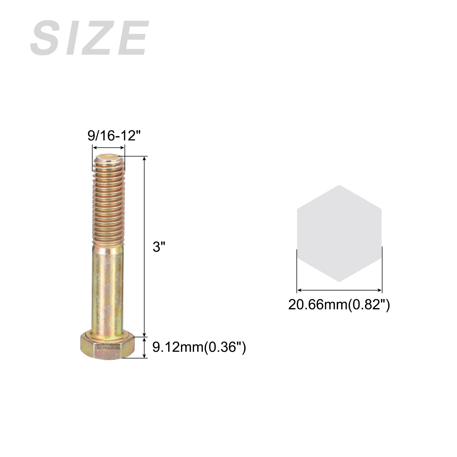 METALLIXITY Hex Bolts (9/16-12x3") 5Pcs, Grade 8 Carbon Steel Zinc Plated Partial Threaded, UNC Coarse Thread Hex Head Screw Bolt - for Furniture Repair, Yellow - Image 2